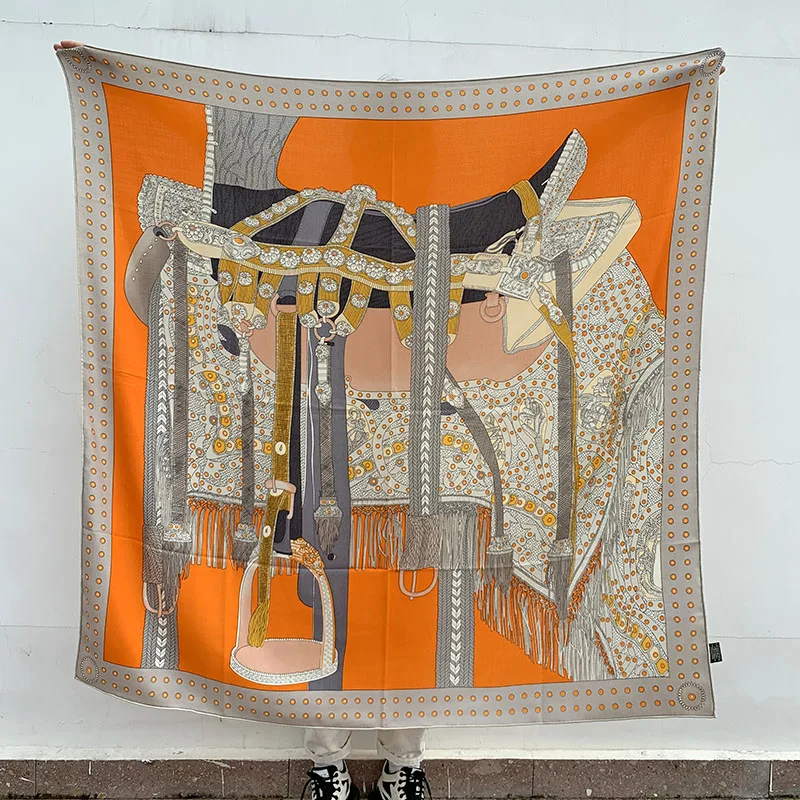 Женский зимний шарф седло из оранжевой шерсти Пашмина большой квадратный 140 см