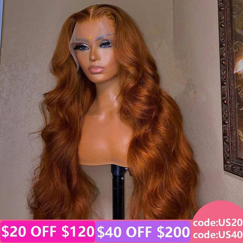 Ginger Orange 13X4 Transparent Lace Frontal Wigs For Woman Ginger Brown Body Wave Lace Front Wig Preplucked Brazilian Remy Wig