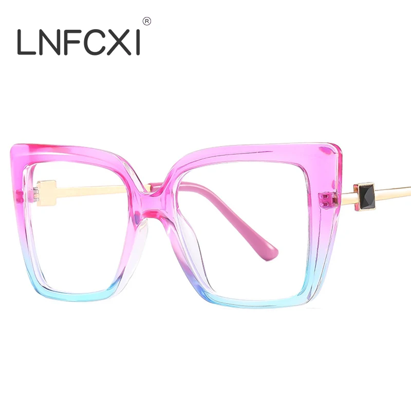 

LNFCXI Fashion Oversized Cat Eye Anti Blue Light Glasses For Men Women Colorful Frame Diamond Clear Lens Computer Eye