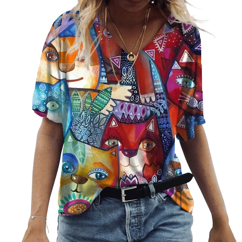 

Graffiti Cute Cartoon Cat 3D Print T-Shirt Y2k Women T Shirt Loose Short Sleeve V-Neck Streetwear Tee clothing Girls Summer Tops