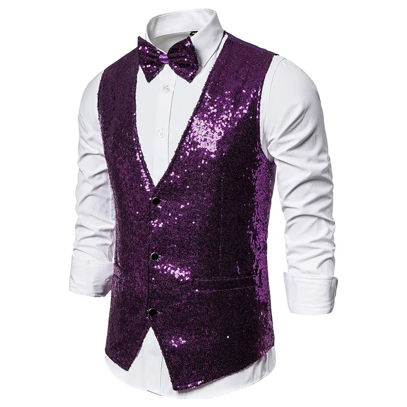 

Purple Sequins Vest Men 2023 Brand Slim Fit V Neck Suit Vest Waistcoat Men 70s DJ Nightclub Party Stage Singer Costume Vests XXL