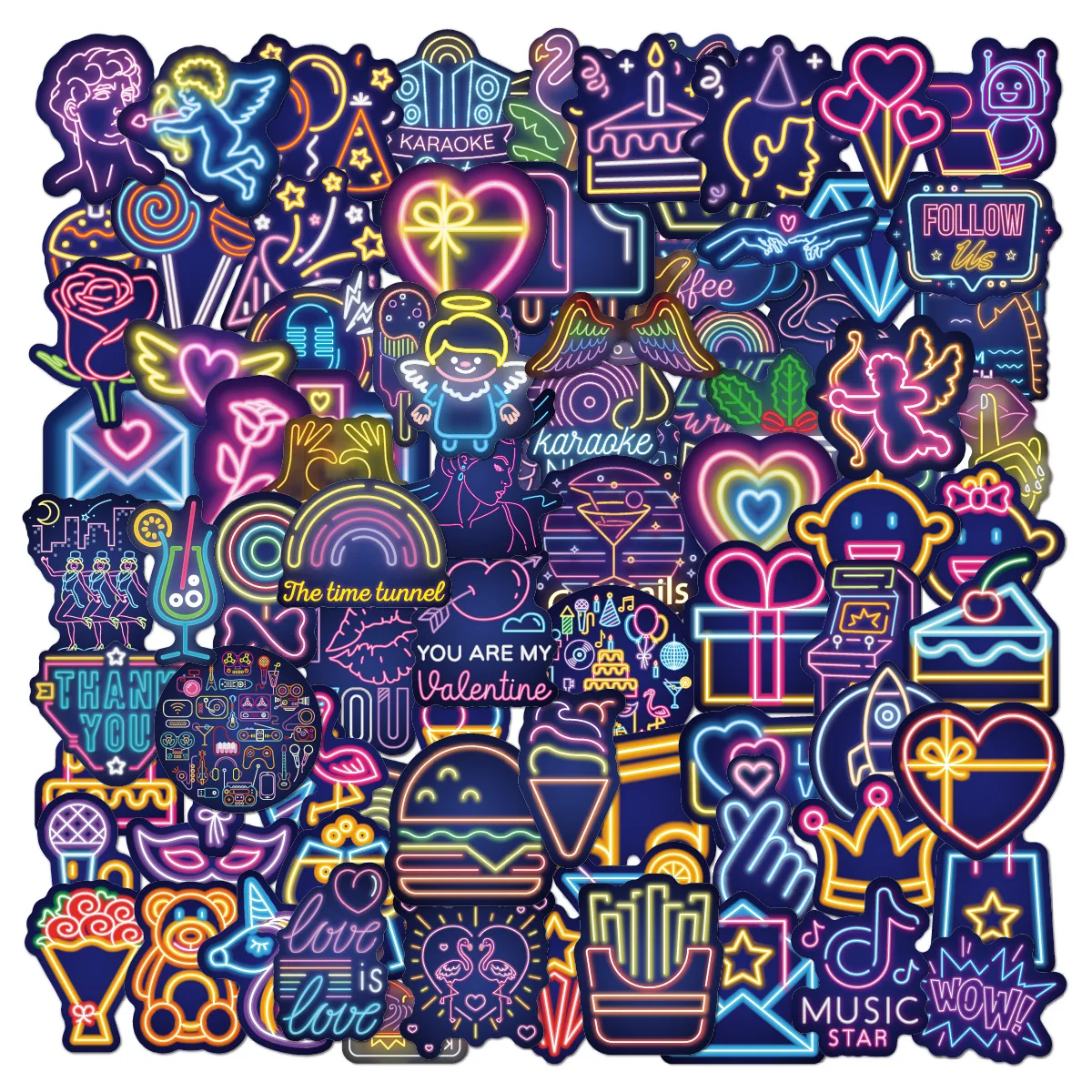 

50PCS Cartoon Neon Light Sticker Fashion INS Girl DIY Helmet Guitar Motorcycle Luggage Suitcase Decal Graffiti Stickers