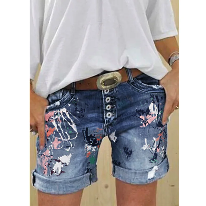 Summer New Plus Size Women's Denim Shorts Washed Printed Jeans 2021 Female Flower Casual Bottoms Harajuku Vintage Streetwears