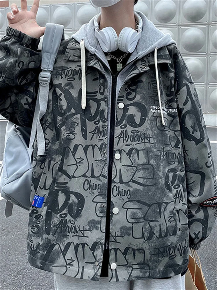 

Куртка-карго мужская с капюшоном, обманка из 2 предметов, мешковатая куртка в готическом стиле, черная модная верхняя одежда в стиле панк, ве...