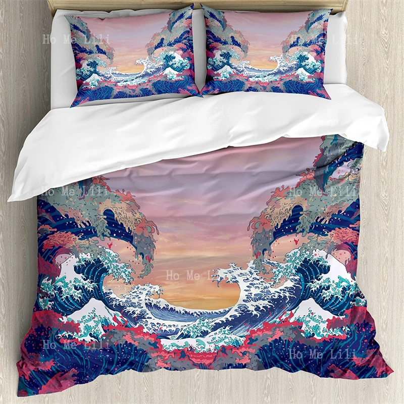 

Modern Duvet Cover Colorful Fantasy Sea Waves Ocean Fictional Magic Artsy Illustration Decorative Bedding Set With Pillow Shams