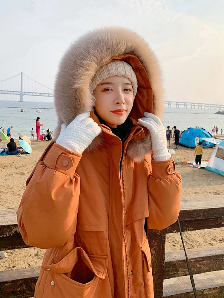 AOSSVIAO Winter Women Long Jacket Large Natural Fur Collar Hooded Parkas 91% White Duck Down Coat Thickness Snow Warm Outwear