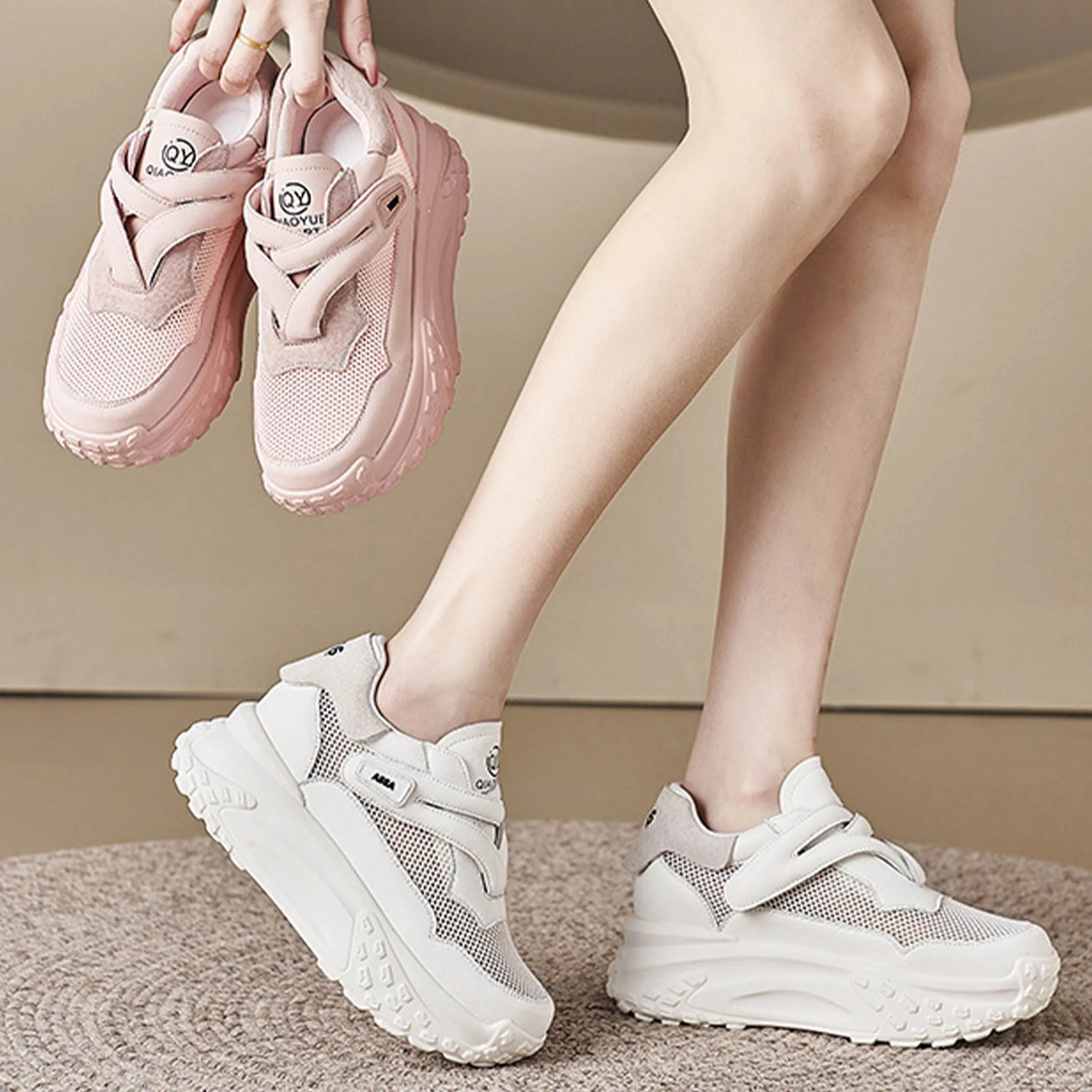 2023 Hook&Loop Mesh New Genuine Leather Comfy High Brand Breathable Shoes Chunky Sneaker Summer Platform Women Wedge Shoes