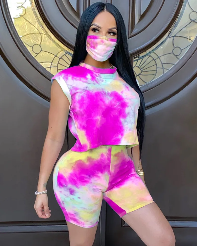 

Women's fashionable tie dyed round neck home casual sports shorts suit