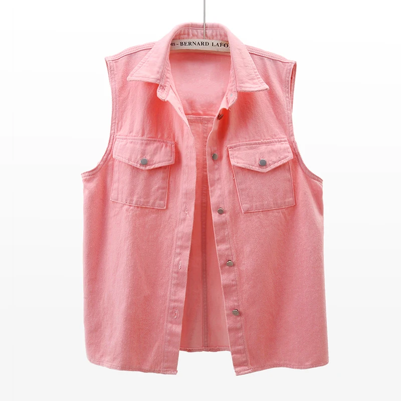 

Korean Pink Denim Vest Women Loose Mid Length Waistcoat Cowboy Sleeveless Jacket Hem Split Big Pocket Casual Jeans Vests Female