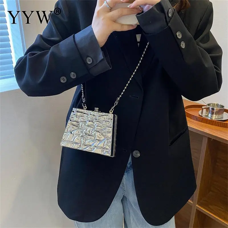 Fashion Square Acrylic Pleated Women Clutch Handbag Box Beads Chain Crossbody Shoulder Mini Phone Case Purse Casual Lady Bag