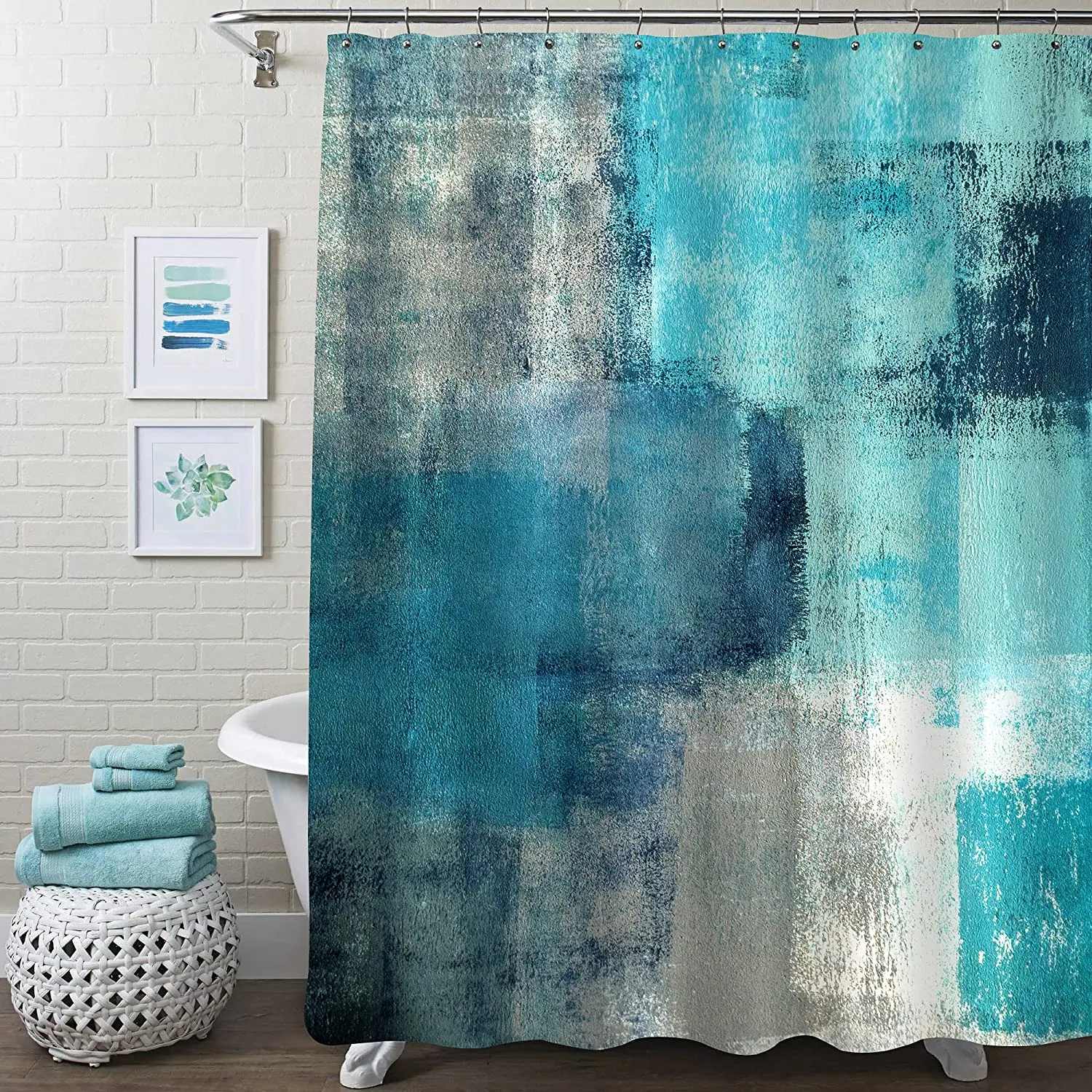 Blue Green Shower Curtain Liner Turquoise Fabric For Bathroom Decor Abstract Grunge Paint Brush