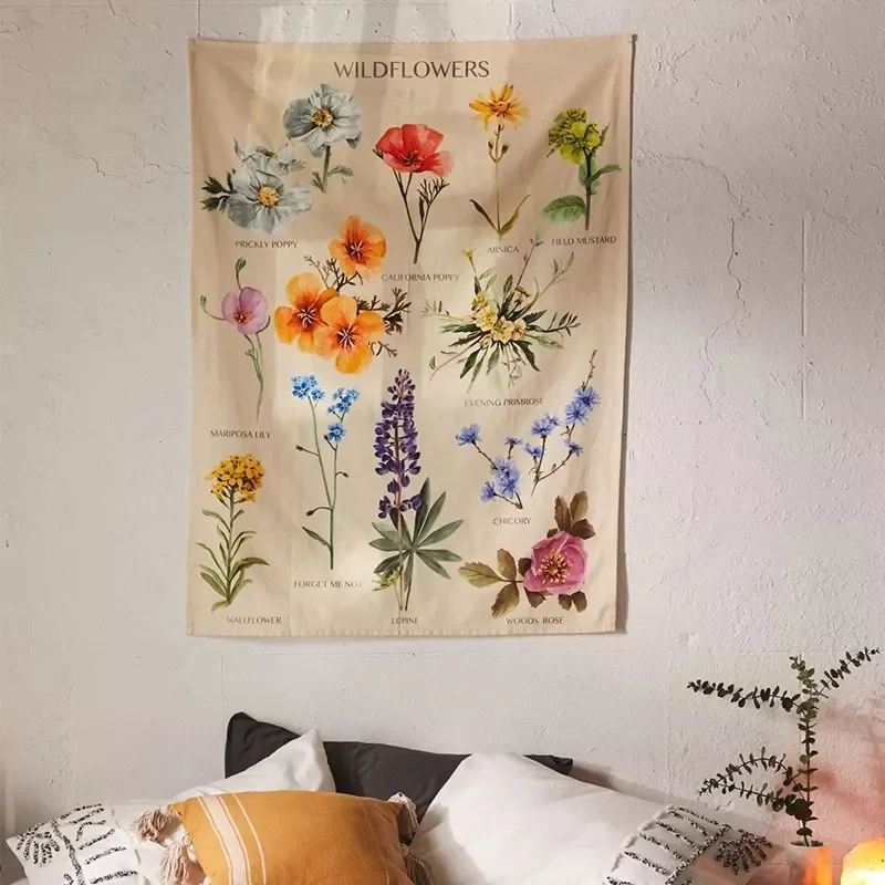 

Wildflower Tapestry Wall Hanging Flower Reference Chart Hippie Bohemian Tapestries Colorful Psychedelic INS Home Decor