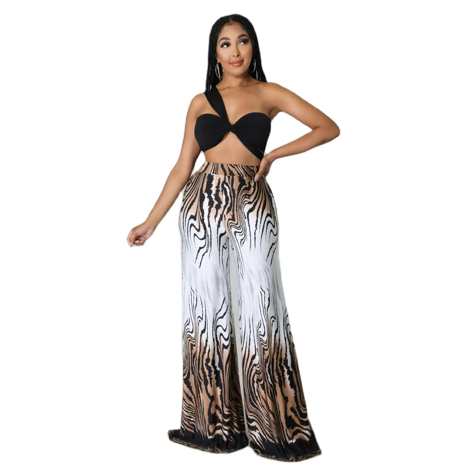 

Sexy Women Summer Streetwear Set Cropped Strapless Tops Wide Leg Pants Suit Female 2PCS Outfits Women Two Piece Casual Sets