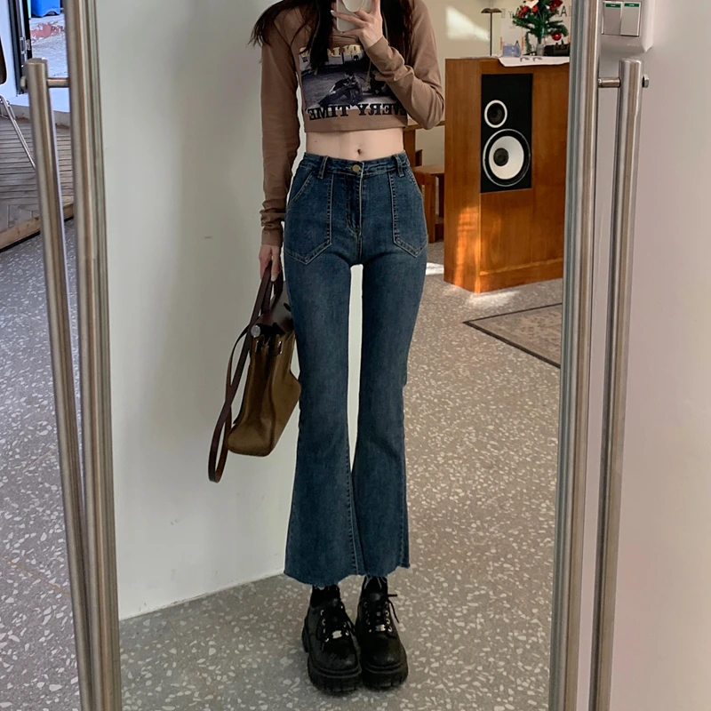 

A1 Retro Hong Kong style micro-bladed jeans women's new small high-waisted slim fit slim nine-point pants jeans