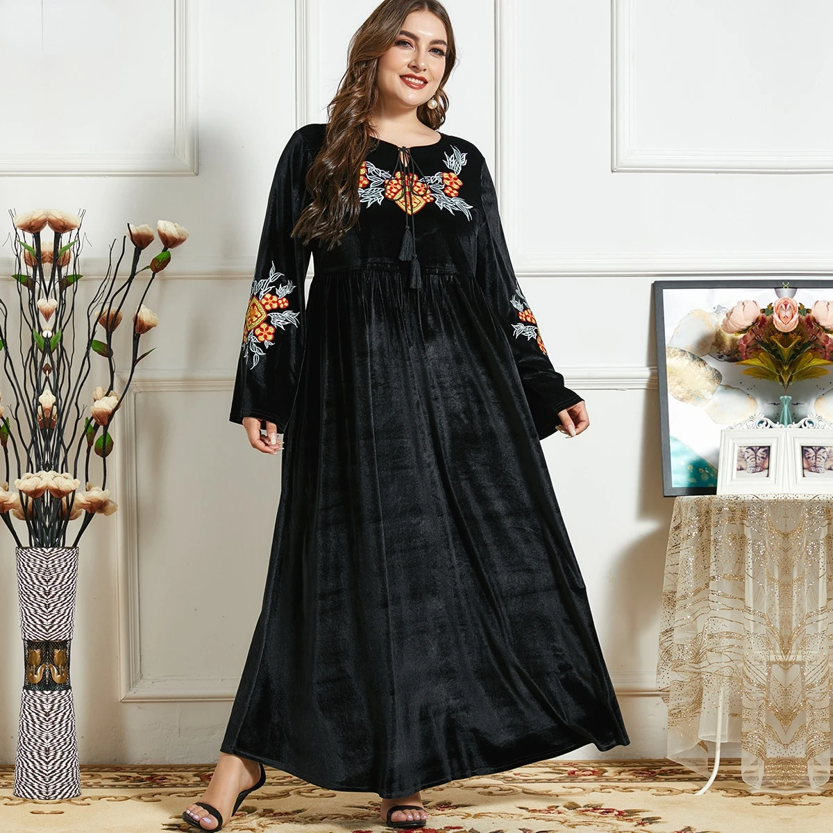 Женское бархатное платье с вышивкой, длинное платье большого размера, в мусульманском стиле