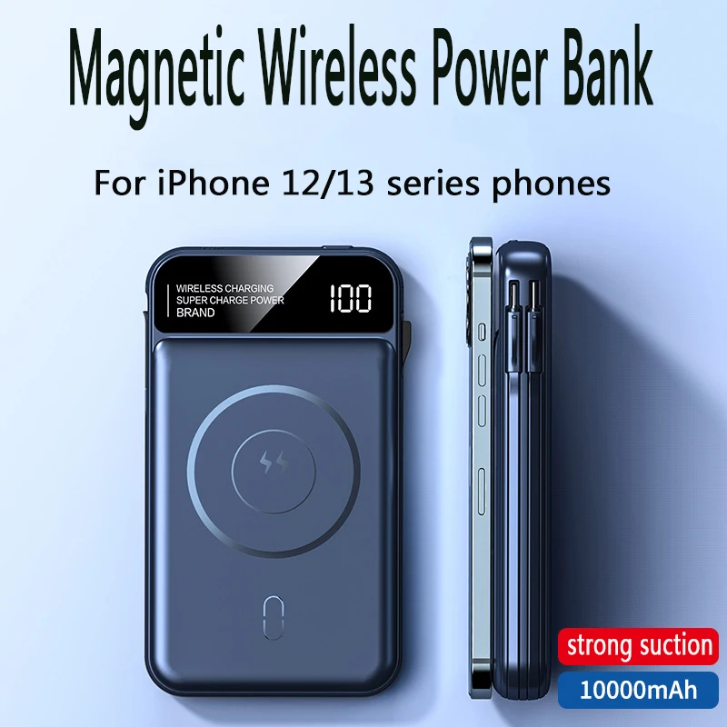 

NEW With Line Magnetic Wireless Power Bank Mobile Phone Fast Charger 10000mAh For iPhone12 13 ProMax External auxiliary battery