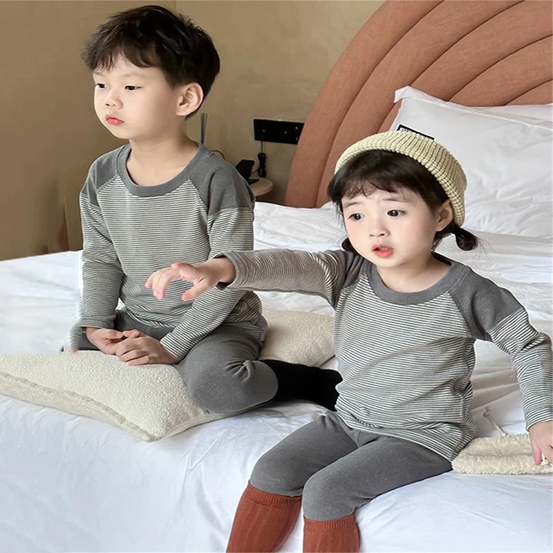 

Cotton Bottoming Shirts Set Boys Spring Autumn Underwear Suit Girls Casual Striped Clothing New Children O-Neck Two Pieces