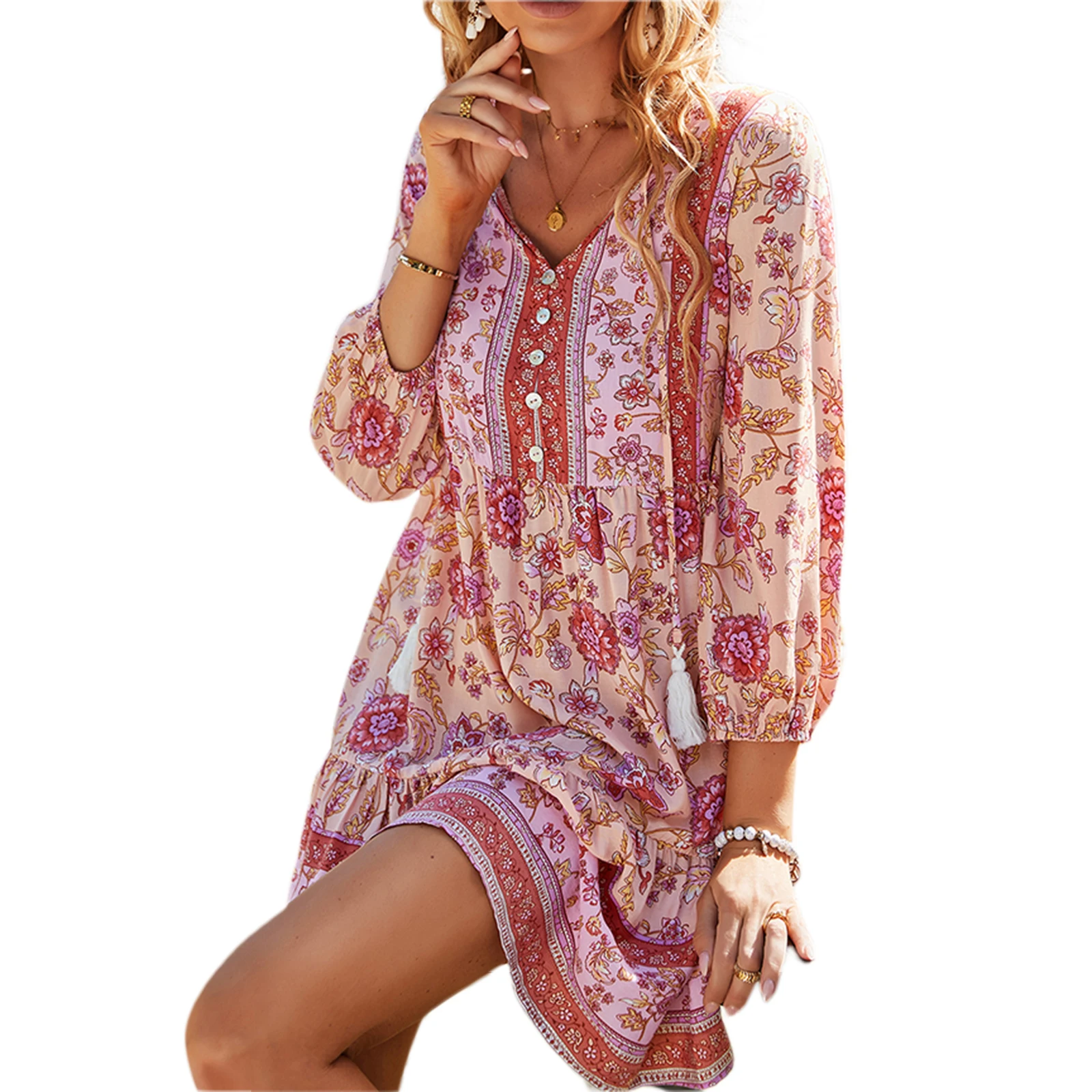 

Женское платье с рукавом 3/4, V-образным вырезом, пуговицами спереди, бахромой, бретелями, цветочным принтом, платья в стиле бохо