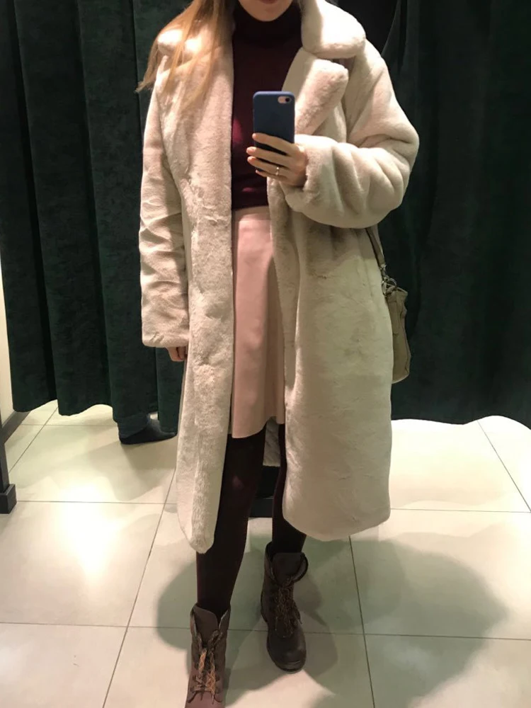 

Зимнее плотное теплое женское роскошное пальто с длинным отложным воротником, Женская куртка из искусственного меха, однотонное повседневное элегантное винтажное осеннее пальто