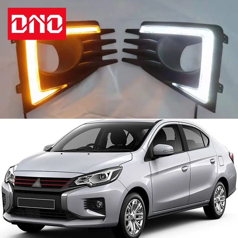 

Автомобильные светодиодные дневные ходовые огни для Mitsubishi Mirage 2020, 2021, 12 В, желтый указатель поворота, дневные ходовые огни, противотуманная фара