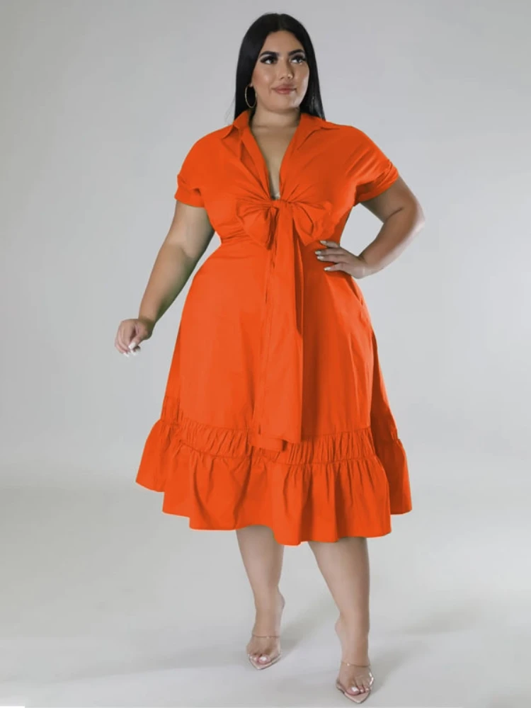 Plus Size Summer Dress Women 4xl 5xl 2023 Elegant Bow Pleated Midi Office Ladies Dresses Robe Grande Taille Female Vestidos 2023