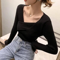 knitted bottoming shirt womens autumn new style western style collar cross long sleeved slim slimming 2021 autumn fashion top