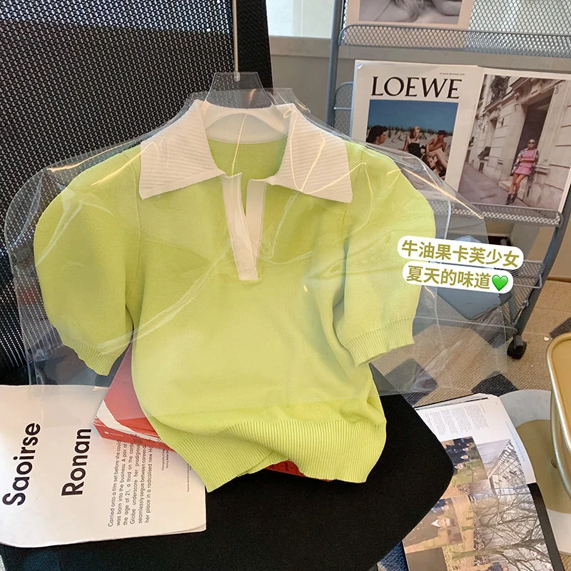 

Футболка с пузырьковым рукавом контрастных цветов, женский корейский свитер, лето 2022, новый дизайн, шикарные трикотажные топы с воротником-...