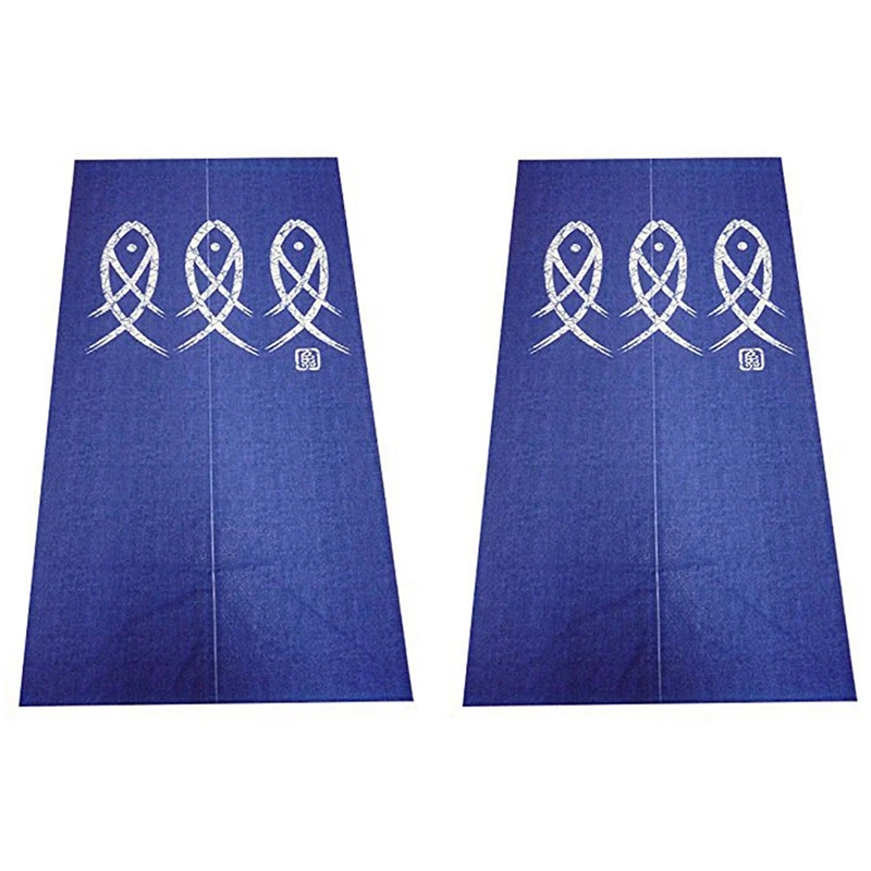 

2X Japanese Noren Doorway Curtain Ancient Character Fish Tapestry For Home Decoration Blue 33X59inch