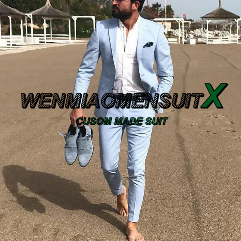 Sky Blue Summer Men's Suit 2 Piece Beach Wedding Tuxedo for Groom Groomsmen Jacket Pants Formal Blazer Set
