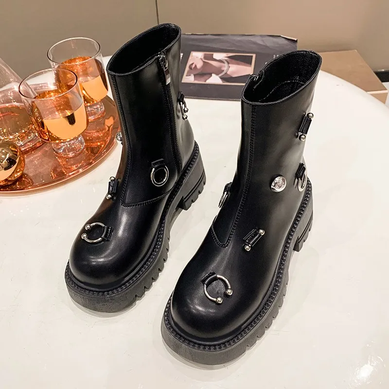 Женские ботильоны на толстой подошве с круглым носком черные 2022 Элегантная