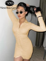 newasia spring shirt dress long pile up sleeve ruched buttons up elastic turn down collar bodycon dress mini dresses for women
