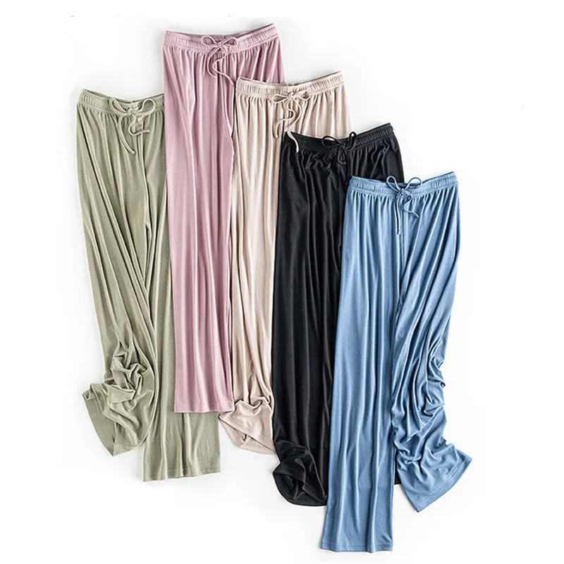 Fdfklak Korean Ice Silk Spring Summer Sleepwear Pants For Women New Thin Wide Leg Pajamas Pant Casual Outside Wear Trousers