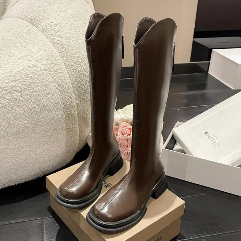 

Женские мотоциклетные сапоги на платформе, кожаные сапоги до колена, на квадратном каблуке, осень 2023