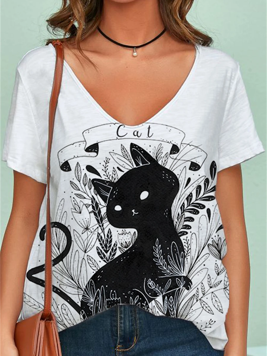 

Women's Fashion V-neck T-shirt Summer Short Sleeve Casual Tops Animal Cute Cat High Street T-shirt 6XL Plus Size Ladies T-shirt
