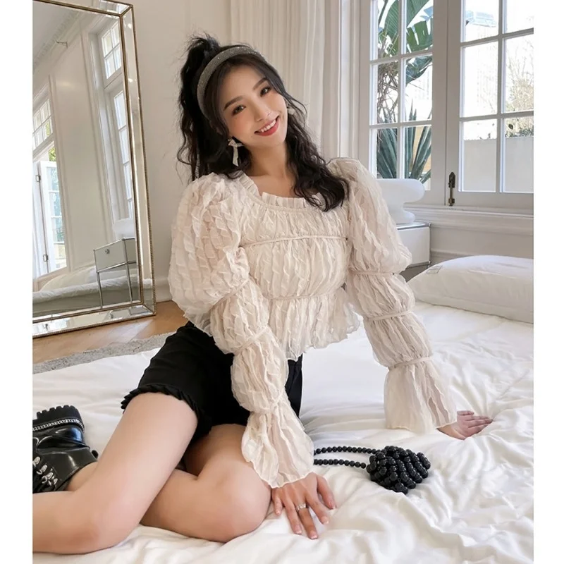 

2022 Brand New Lace-up Folded Long Sleeve Blouse O-neck Slash Neck Pleated Crop Top High Quality Women Shirt Blusas Rojas Mujer