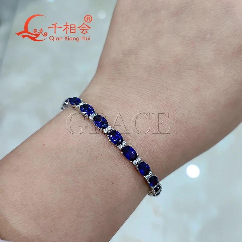4*6mm oval shape  artifical blue color sapphire Tennis Bracelet S925 Silver white Moissanite Bracelet chain fine jewelry