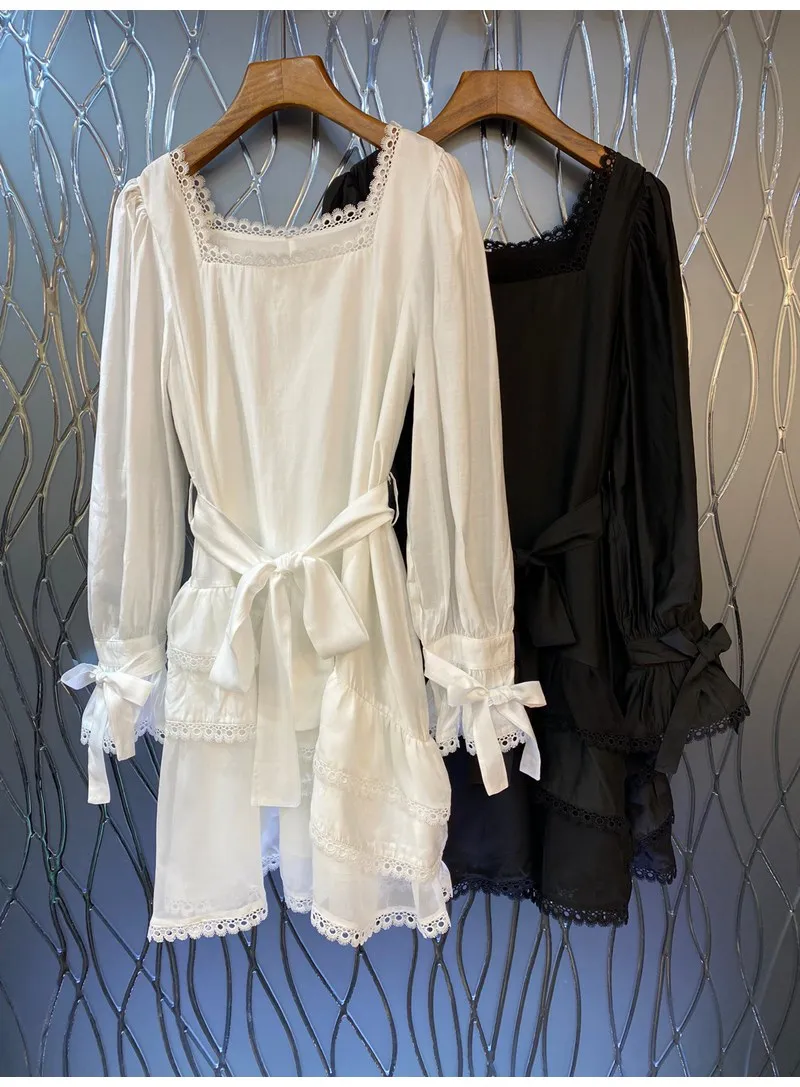 New Arrival Dress 2022 Summer Fashion Ladies Sexy Square Collar Lace Flower Deco Belted Flare Sleeve Casual White Black Dress