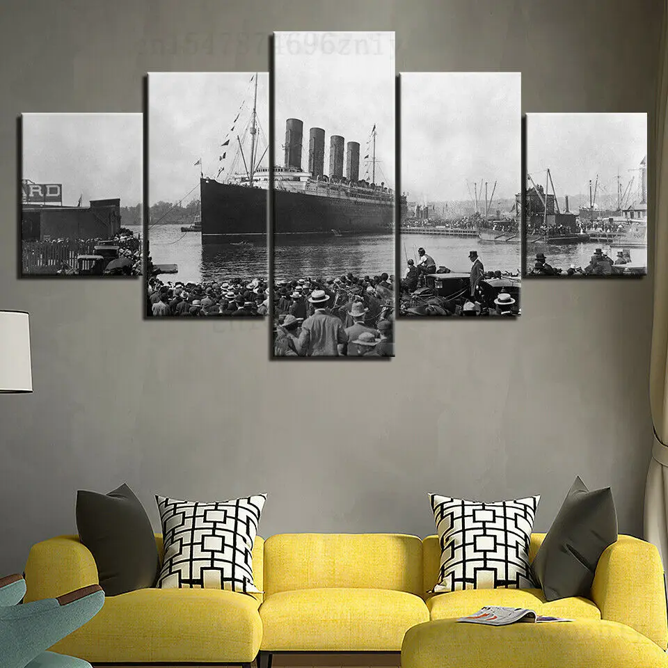 

Черно-белый титановый корабль, морская фотография, картина, настенное искусство, Декор, 5 панелей, картины, постер, декор комнаты без рамки