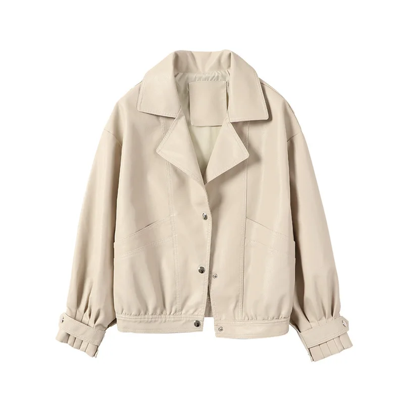 Leather Coat Women's Spring  Autumn 2022 Korean Fashion Lapel Lantern Sleeve Loose Motorcycle Jacket Pu Leather Jacket Short Top