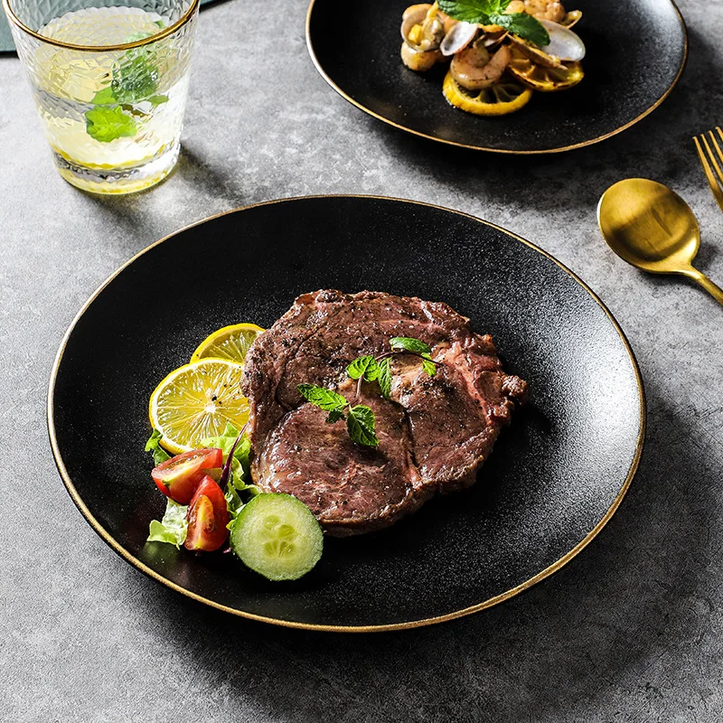 

8 Inch 10inch Home Creative Black Matte Golden Edge Steak Plate Western Restaurant Hotel Ceramic Tableware Ceramic Shallow Plate