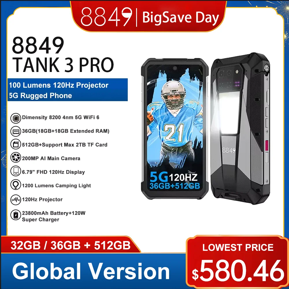 Прочный смартфон 8849 Tank 3 Pro от Unihertz проектор 100 люмен 32/36 Гб 512 ГБ 23800 мАч
