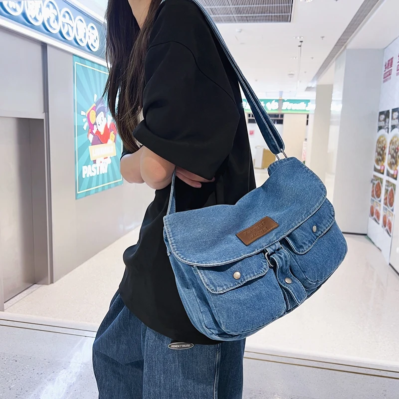 Dark Denim Flap Women's Bag Large Jeans Messenger Bag Y2K Canvas Shoulder Cross Bag Book Eco Bag Korean Shopper Satchel Pockets