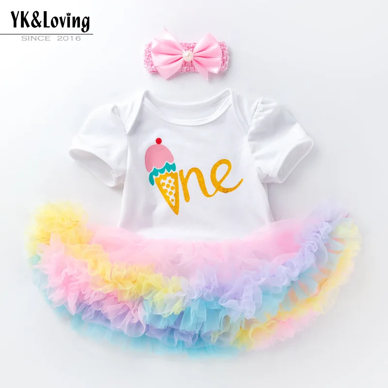 

2023 Baby Girl Clothing Summer Short Sleeve White Mesh Dresses Festive Newborn One Year Birthday Romper Skirt with Hairband