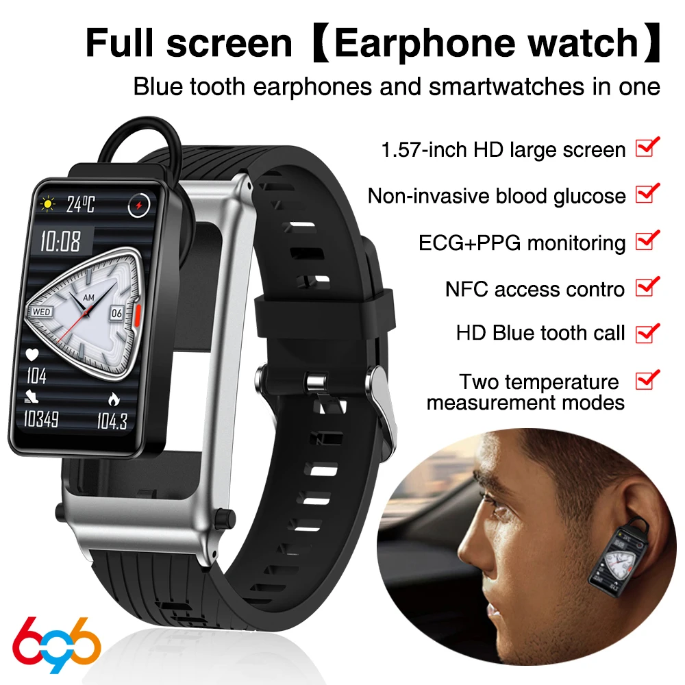 

New 2 In 1 Blue Tooth Headset Smart Watch BT Call Blood Sugar Temperature PPG ECG Watches Sports Fitness NFC Earphone Smartwatch