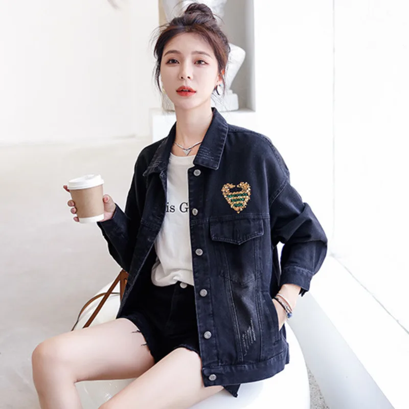 

#3149 Весенняя черная джинсовая куртка, короткая куртка с вышитыми буквами и блестками, Женская куртка в Корейском стиле, винтажные женские куртки свободного кроя