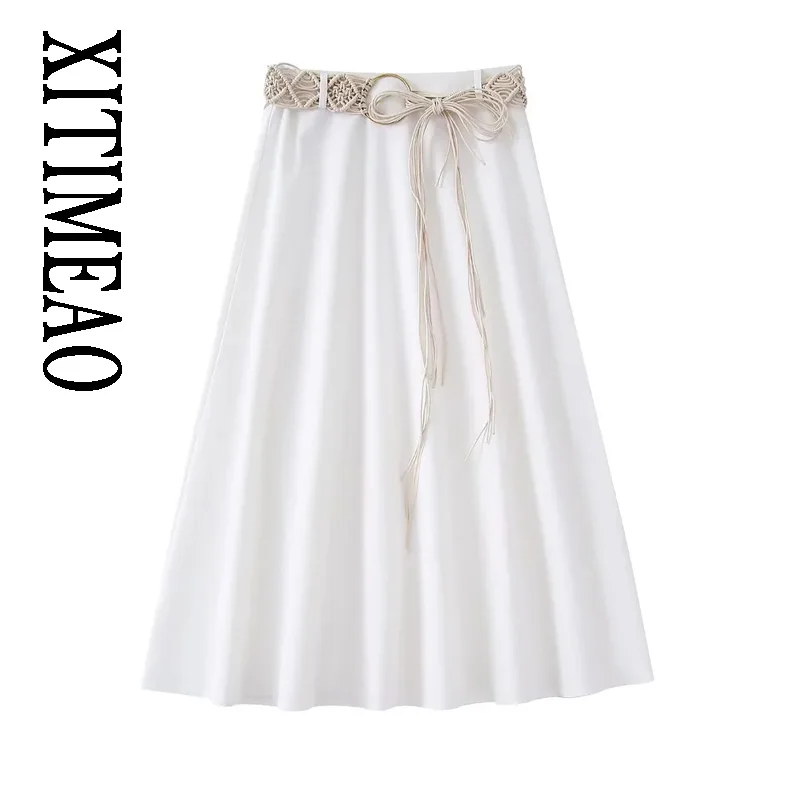 

XITIMEAO Women Fashion With Braided Belt Linen Midi Skirt Vintage High Waist Side Zipper Female Skirts Mujer