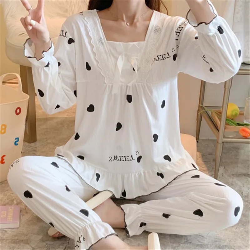 CAIYIER Korean Blue Grid Sweet Nightwear Ruffles Long Sleeve Trousers Winter Pajamas Set Elastic Waist Women Casual Homewear