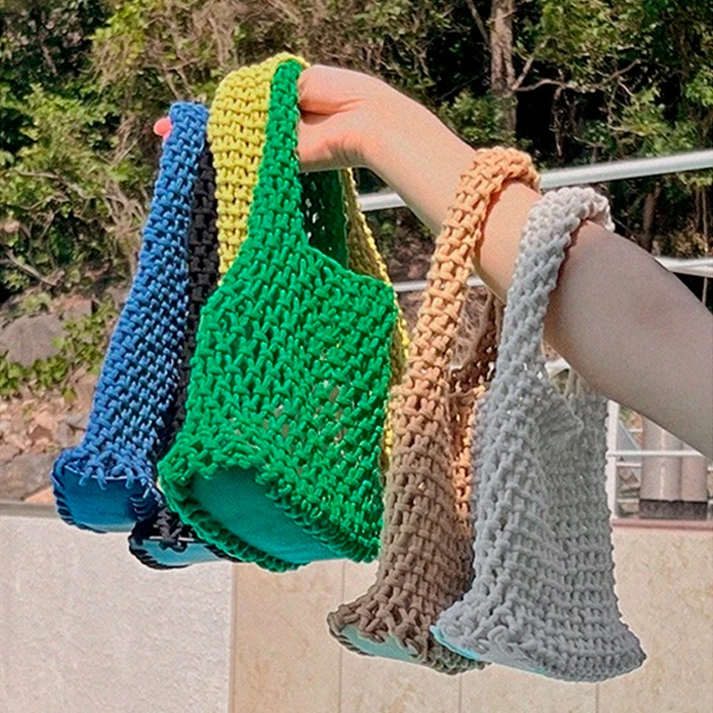 

Fashion Fishnet Women Handbags Hollow Rope Woven Small Tote Bag Handmade Summer Beach Straw Bags Casual Small Holiday Purse 2023