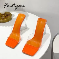summer clear high heels womens square toe slip on sandals sexy transparent triangular pvc slipper 35 39 new 2022