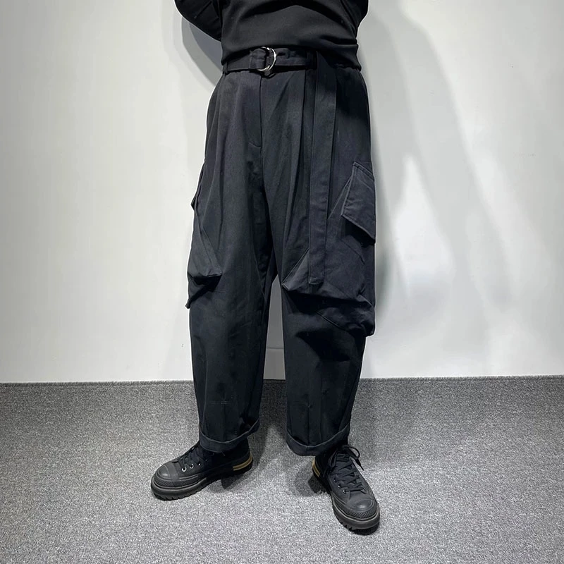 

Мужские комбинезоны с большими карманами, осенние модные свободные и слегка поврежденные штаны, Haran, большие старые прямые брюки